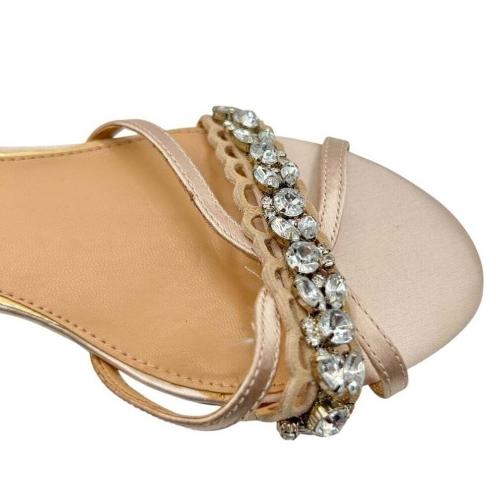 Jewel Badgley Mischka Champagne Satin Crystal Embellished Block Heels Size 8.5 - Picture 6 of 15